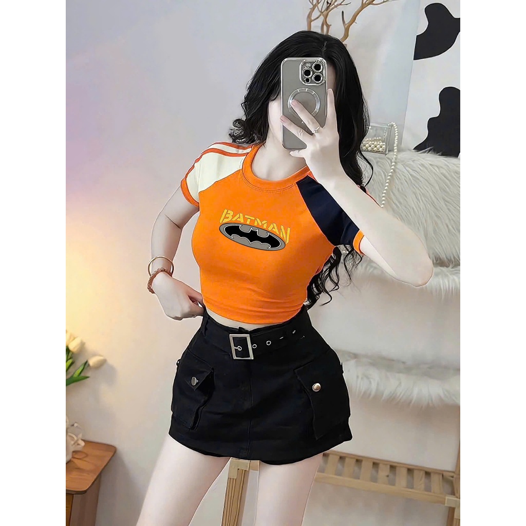 เสื้อครอปแร็พหลางแขนสั้นสุดฮอตพิมพ์ลายแบทแมนผ้าโบซิปนุ่ม