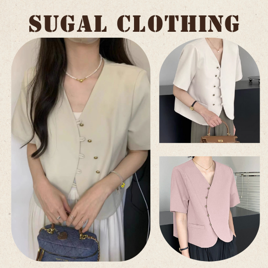 เสื้อแจ็คเก็ตผู้หญิงพร้อมเสื้อกล้ามเบาะ V คอสั้น Flap แฟชั่น Sugal AO KHOC NU 030V1 +T219V6