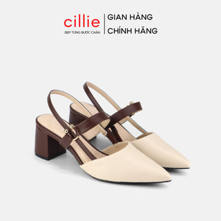 Giày sandal cao gót nữ slingback mũi nhọn thanh lịch phối màu nhẹ nhàng đế vuông Cillie 1167