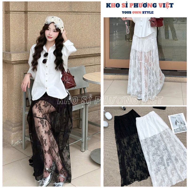 กระโปรงแม็กซี่ลูกไม้ยาวมีซับในกระโปรงชายหาดตาข่ายเอวยางยืดเกาหลี - WHO