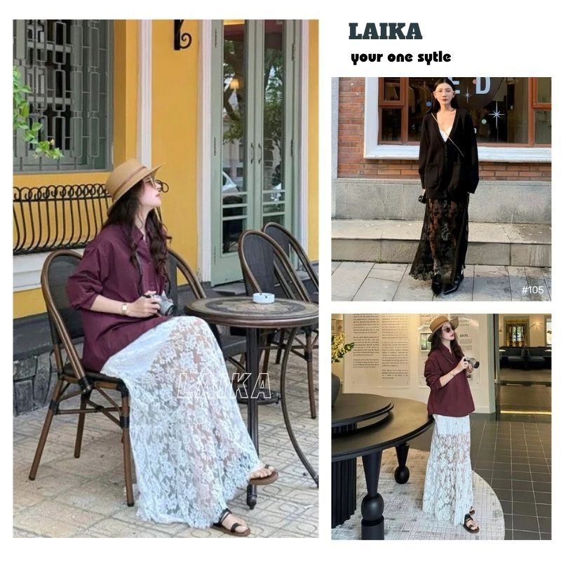 กระโปรงแม็กซี่ลูกไม้ยาวมีซับในกระโปรงชายหาดตาข่ายเอวยางยืดเกาหลี - WHO - รูปที่ 7