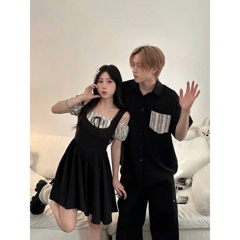 (มี ใหญ่ ขนาด 3เอ็กแอล ชาย-หญิง) เดรสเสื้อคู่ ชุด เดรสแฮ็คแขนลายริ้ว + เสื้อผู้ชายกระเป๋าลายริ้ว