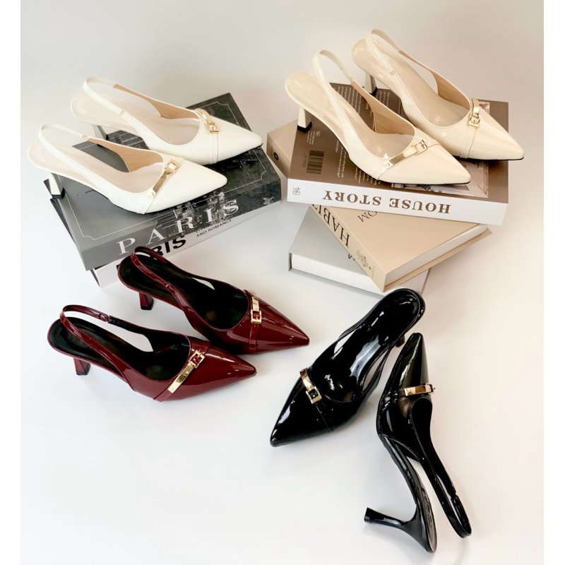 รองเท้าส้นสูง VYARA - หัวแหลมสลิง 7p พร้อมหัวเข็มขัดแนวนอนสุดหรู[RBK1]