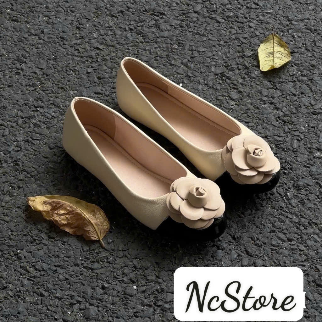 Ncstore Flat Doll Shoes Round Toe Cream Black with Rose Bow - C22