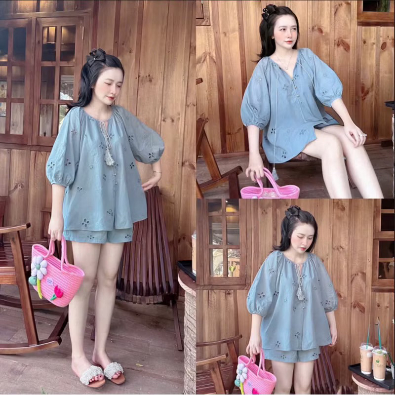 เขา58- ชุดลูกไม้หยาบปักดอกไม้เสื้อแขนยาว เบบี้ดอลล์ คอกลมมีเชือกพู่ผสมกางเกงขาสั้น