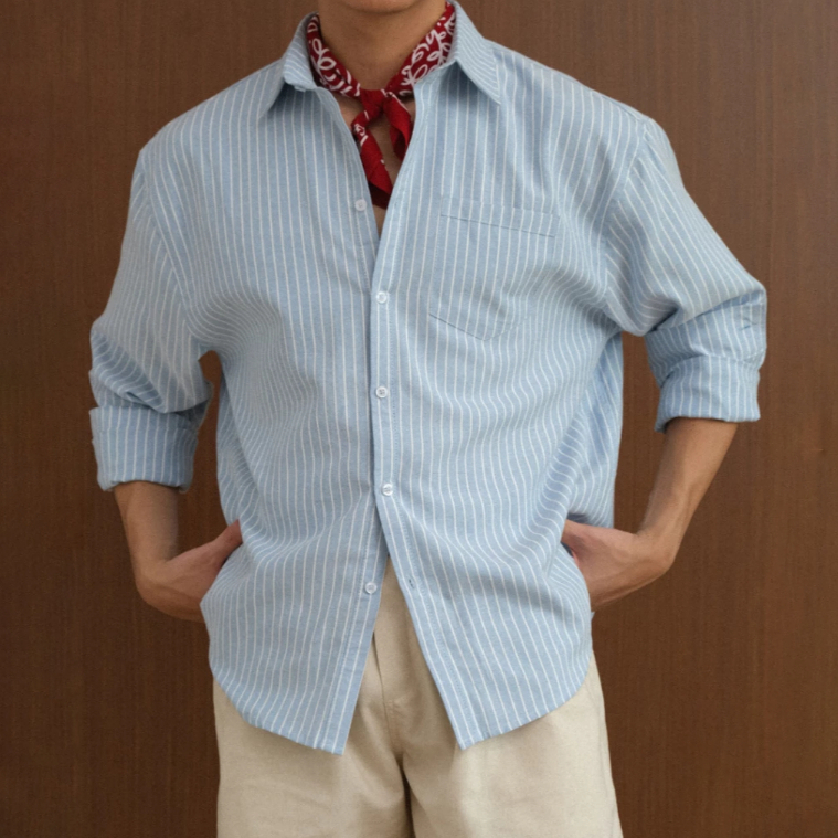 HALLEY เสื้อเชิ้ตลายสก๊อตแขนยาวคอปกเปิดของผู้ชายทําจากผ้าลินินคุณภาพสูง A88