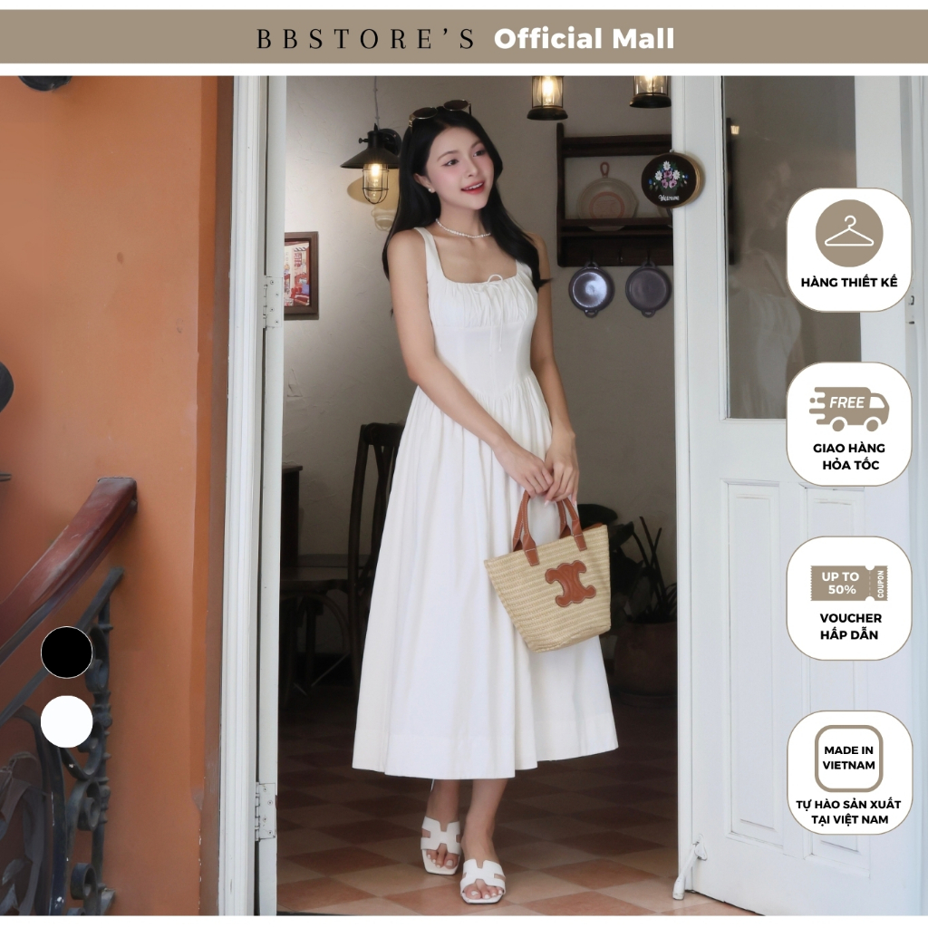 [BBSTORES] ชุดเดรสสตรีทสองชิ้นตัวยาวคอเหลี่ยมบานและยักผ้าฝ้าย - D4400T