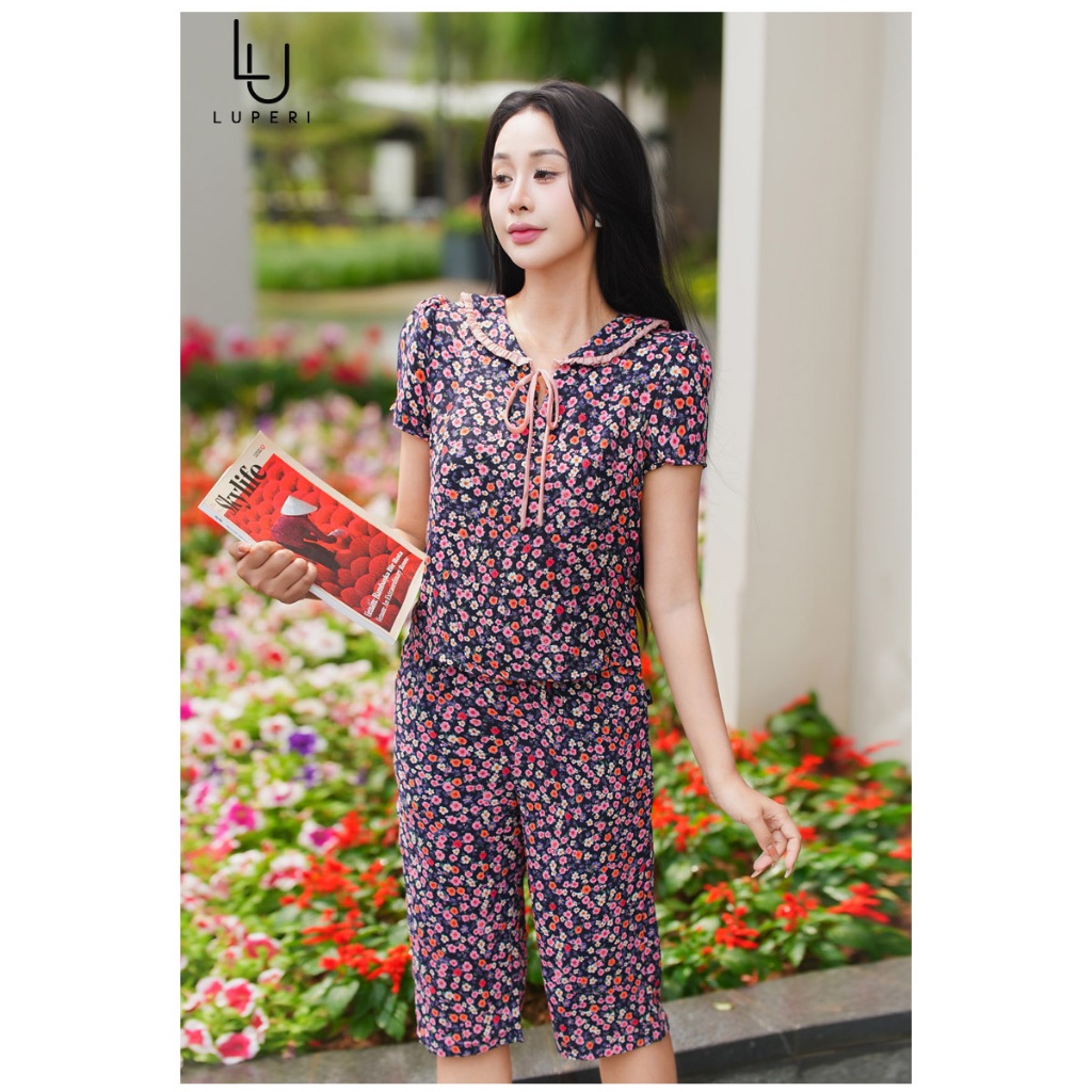 Luperi LU5BD03 Home Clothing Set กางเกงขาสั้นคอปกโบว์ยืดหยุ่นที่ละเอียดอ่อนสบายปราศจากริ้วรอยเพื่อสุ