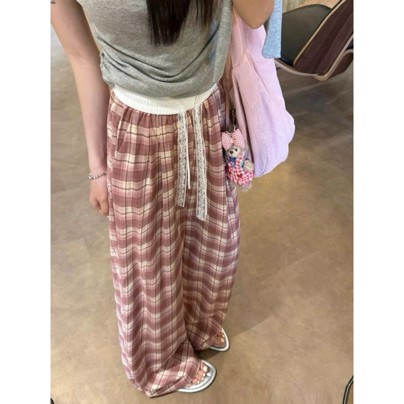 กางเกงลายสก็อตทรงหลวมลูกไม้กางเกงขากว้างลายยางยืดสีขาว QS945 - NhiNhi Shop