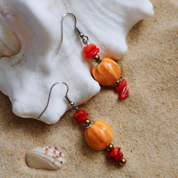 CERAMIC EARRINGS & CORAL RED STONE | TX ทํามือ