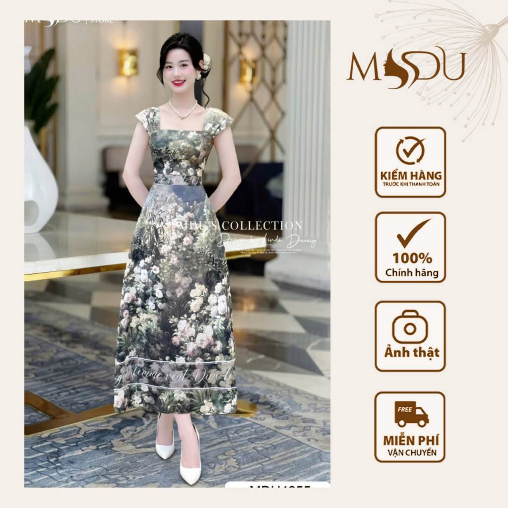 ชุดเดรสมะม่วงอิตาลี MDU4255 ลายดอกไม้แปลกใหม่รูปทรงคอเหลี่ยมประณีตจาก MDU K34-D4-1