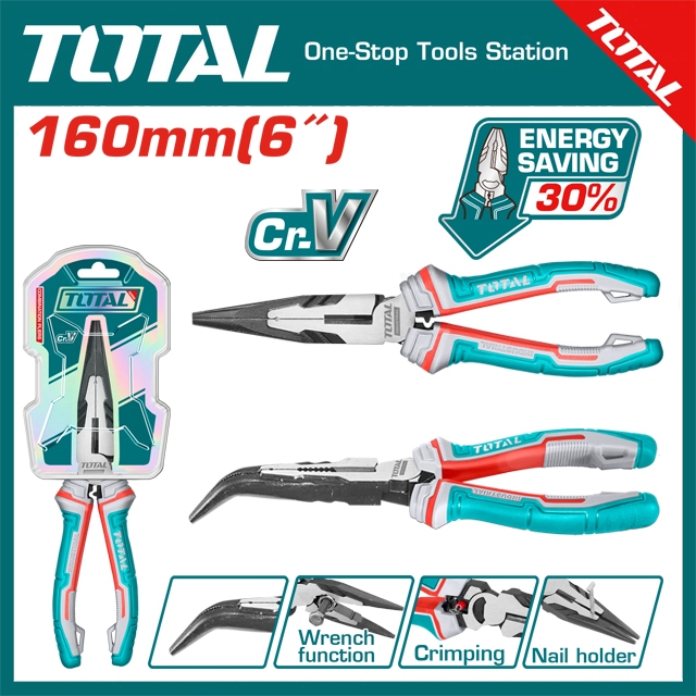 คีมปากแหลมคุณภาพสูง Total 6" 8" ป้องกันสนิม Cr-V คีมเหล็ก THT24616S/THT24816S