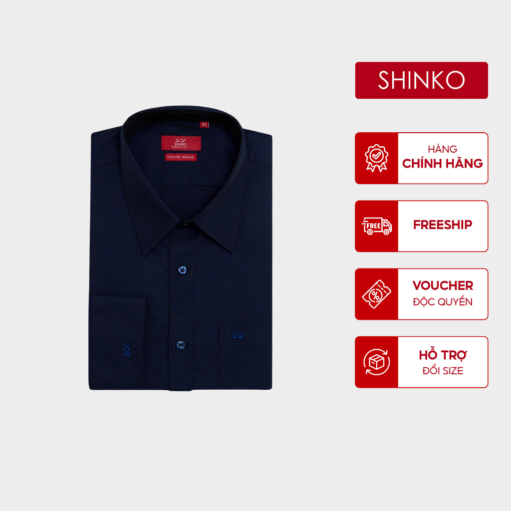 เสื้อเชิ้ตผู้ชาย SHINKO Premium MLP009-NV ผ้าคอตตอน ลาย Polka Dot สีกรมท่า ทรง Regular