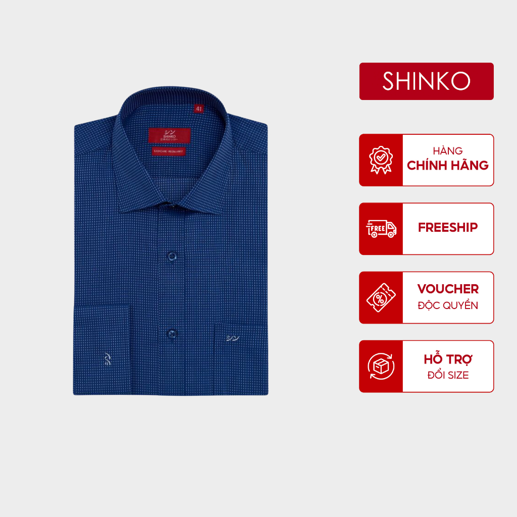 เสื้อเชิ้ตผู้ชาย SHINKO Premium MLP015-NV ผ้าคอตตอน ลาย Polka Dot สีกรมท่า ทรง Regular