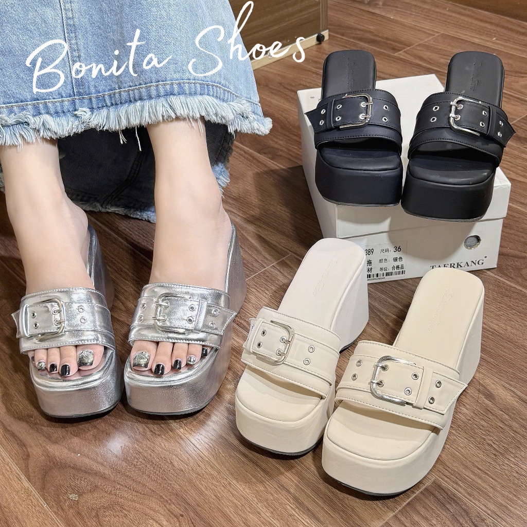 รองเท้าแตะแบบสวมหัวเข็มขัดเหล็กรูคู่ 10CM - รองเท้า Bonita BM285