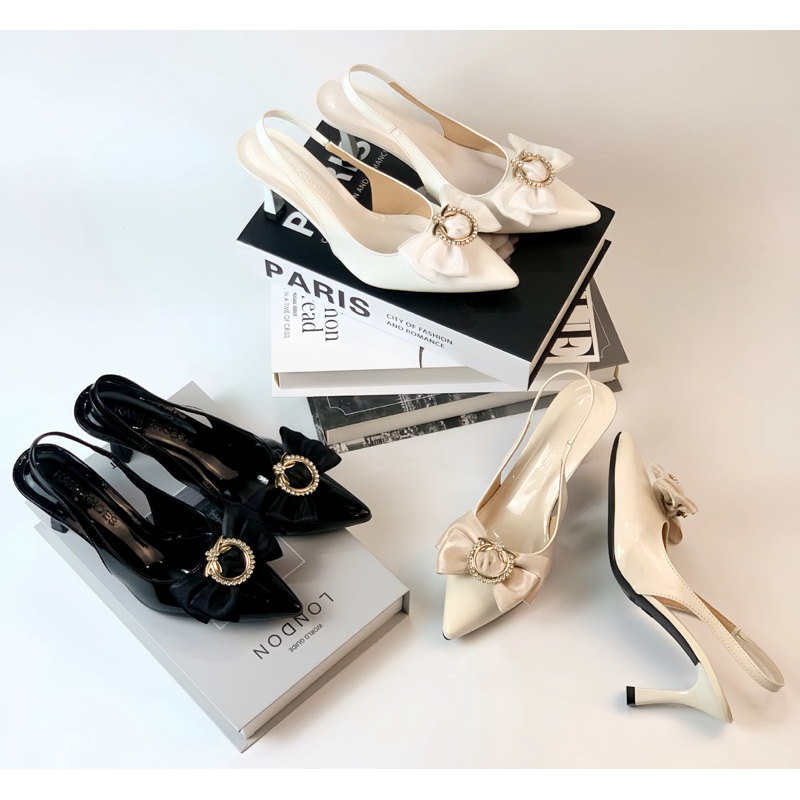 รองเท้าส้นสูง VYARA - หัวแหลม 5-7p พร้อมโบว์ผ้าชีฟองสีเหลืองน่ารัก[RBNV]