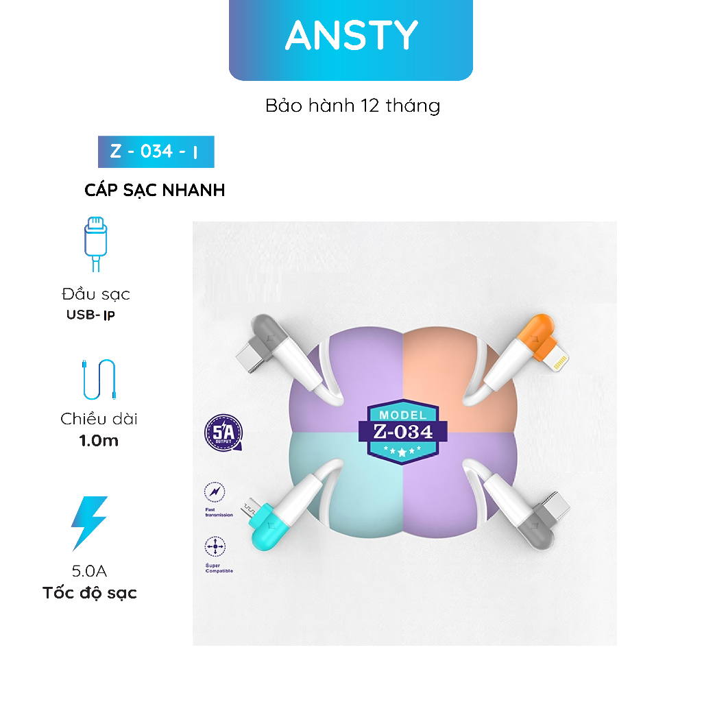 สายชาร์จเร็ว Ansty Z -034 - I Usb To lp 5.0a/Z -034 - T Usb To C 5.0a/Z -034 - Usb A To Micro 5.0a ส