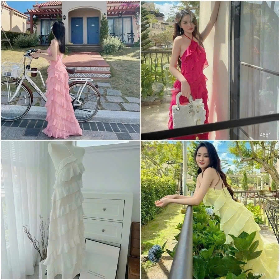 เดรสยาว-เดรสแม็กซี่เดรสผู้หญิงทรงหยักคล้องคอ(มีฟอง) 3 สีฮอตเทรนด์สาวเที่ยวทะเลถ่ายรูป