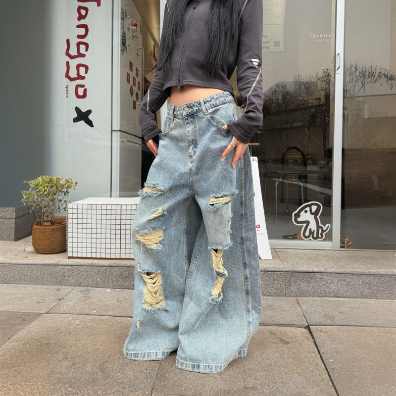 กางเกงยีนส์ขากว้างเอวสูง Streetstyle Blue Ripped - MI STORE