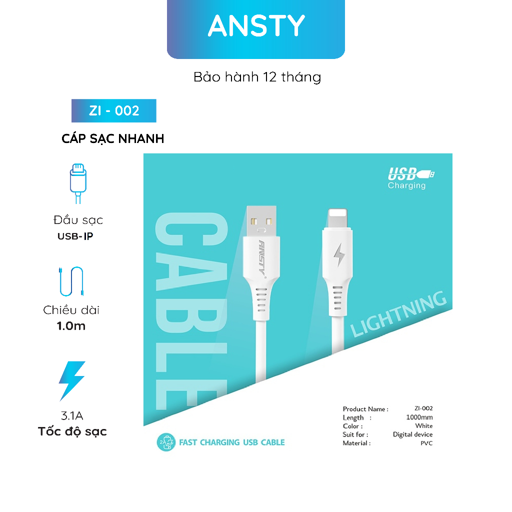 Ansty Zi สายชาร์จเร็ว - 002 Usb To Ip 3.1a / Zt - 002 Usb To Type C 3.1a / Za - 002 Usb To MICRO 3.1