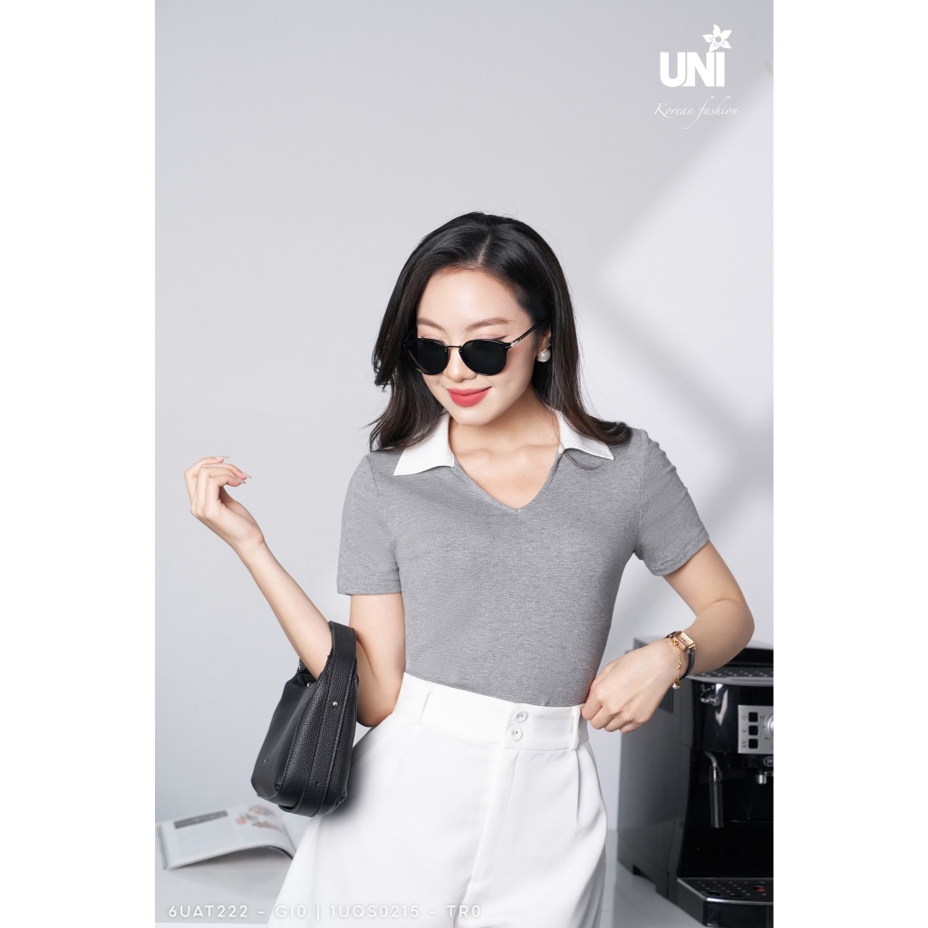 UNIVTH เสื้อเชิ้ตผ้าฝ้ายผู้หญิงคอปกเยอรมันสไตล์ V-Slit แขนสั้นบุคลิกภาพ 6UAT222 UNI KOREAN FASHION