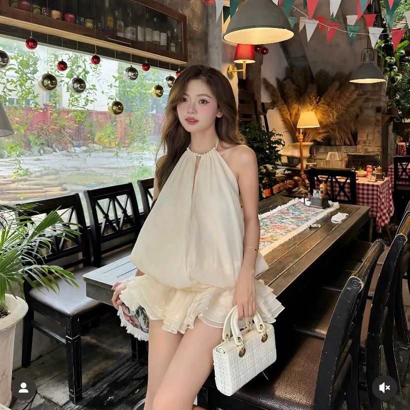 [มีชุดป้องกัน] ชุดชุดเดรสคอปกมุกพร้อมเอวเป็นก้อนชุดเดรสบานเปลือยสําหรับเที่ยวทะเล - รูปที่ 7