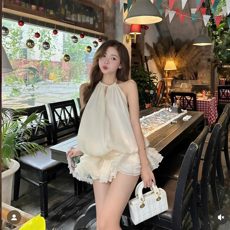 [มีชุดป้องกัน] ชุดชุดเดรสคอปกมุกพร้อมเอวเป็นก้อนชุดเดรสบานเปลือยสําหรับเที่ยวทะเล - รูปที่ 2