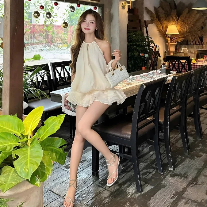 [มีชุดป้องกัน] ชุดชุดเดรสคอปกมุกพร้อมเอวเป็นก้อนชุดเดรสบานเปลือยสําหรับเที่ยวทะเล - รูปที่ 5