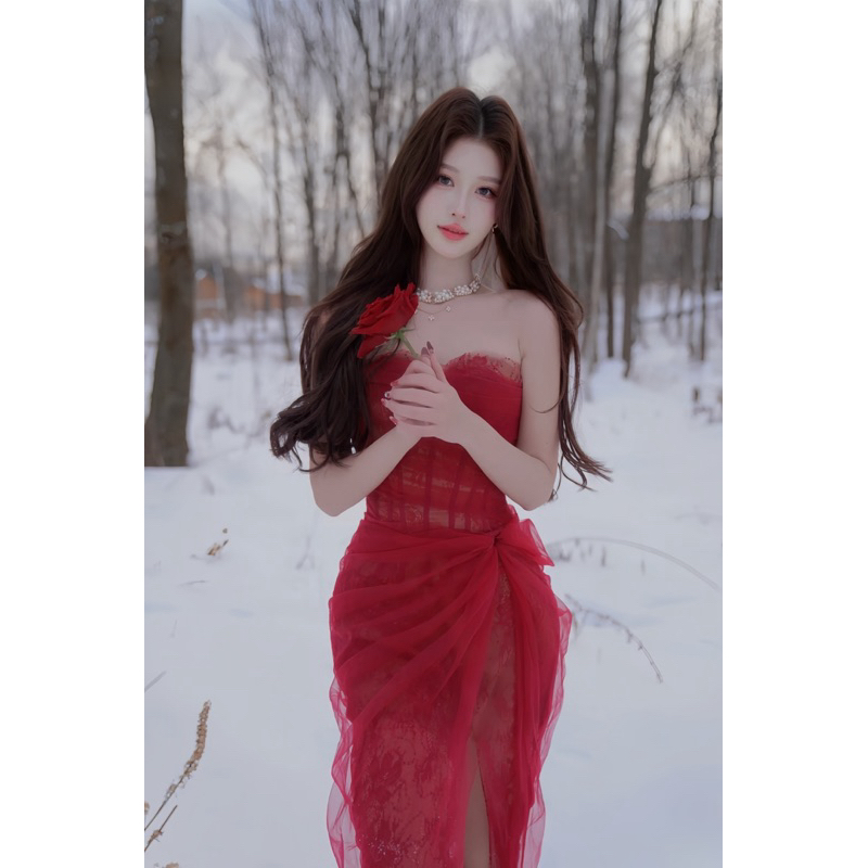 DR9 RED Mesh LACE DRESS WITH BODY FOR PARTY, WEDDING, LUXURY EVENTS