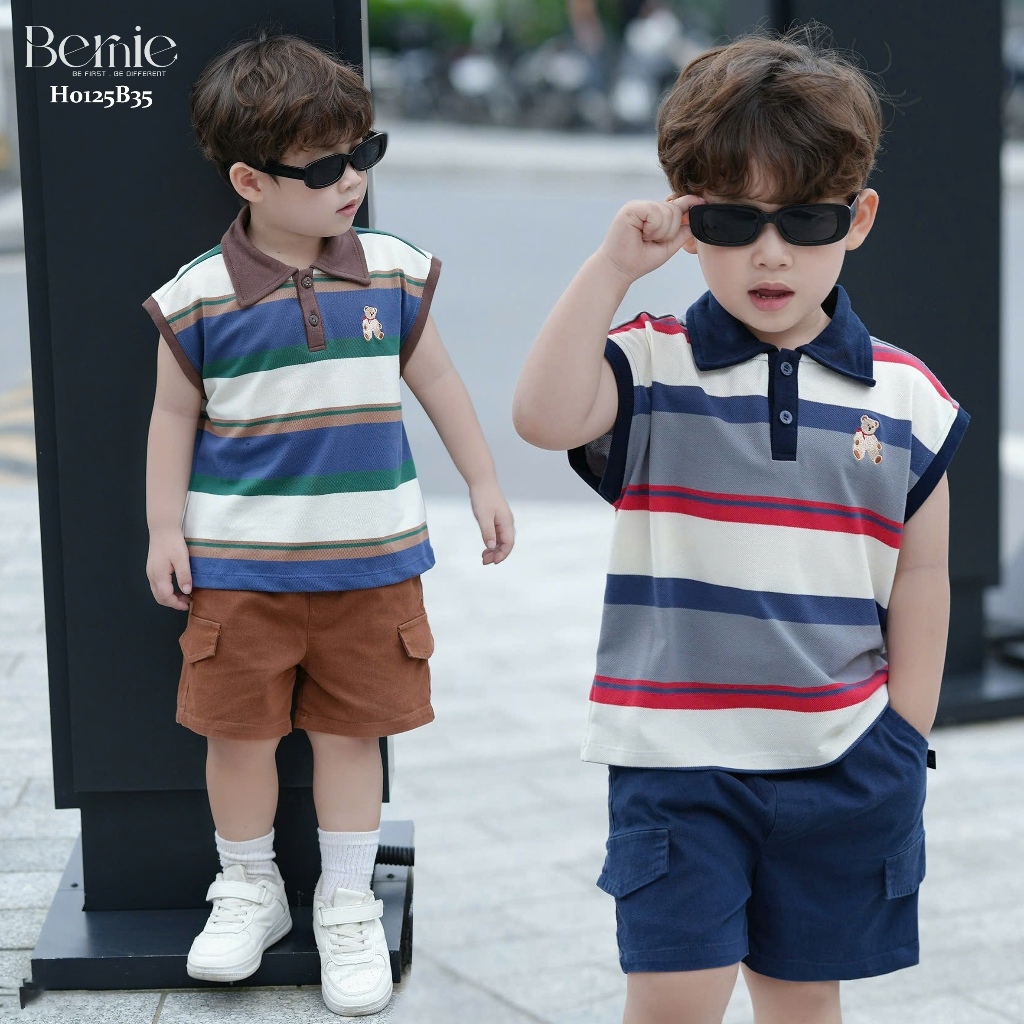 ชุดใต้วงแขนเด็กชายปักตาหลากสี Bernie Bear - ชุดฤดูร้อนแขนกุดสําหรับเด็กผู้ชาย 9-26kg - H0125B35