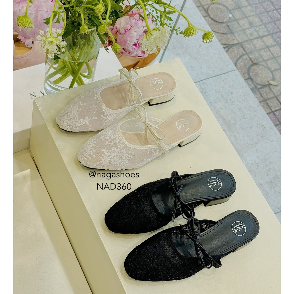 รองเท้าแตะ NAGASHOES พร้อมดอกไม้ตาข่ายลูกไม้ผ้าพร้อมสายรัดโบว์ 2P NAD360