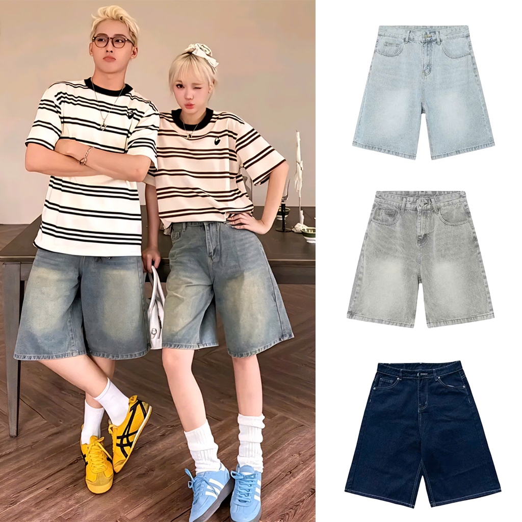Retro Washed Wide Leg Jeans Shorts ผ้าคอตตอนยาวถึงเข่า Unisex Dopa Store
