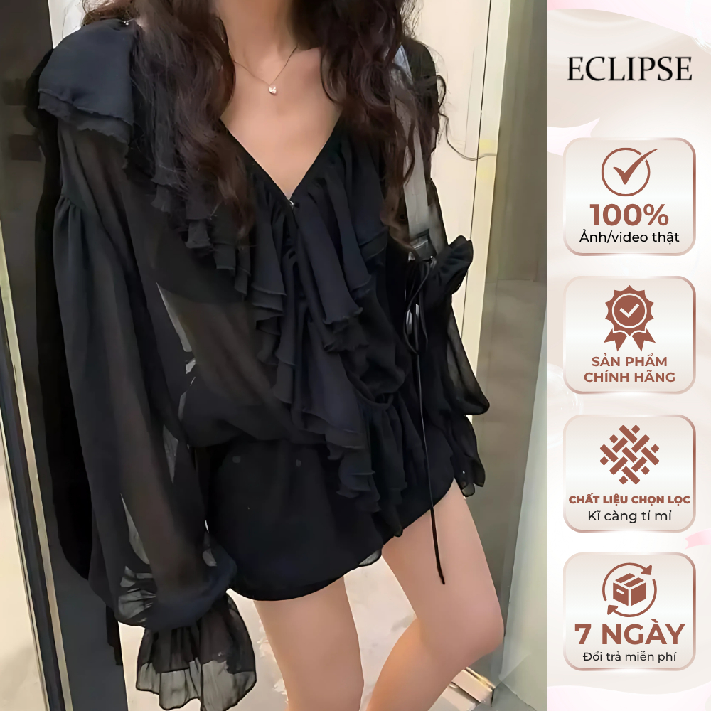 Romance ECLIPSE CLOTHING เดรสชีฟองเทียมคอระบายและแขนยางยืด