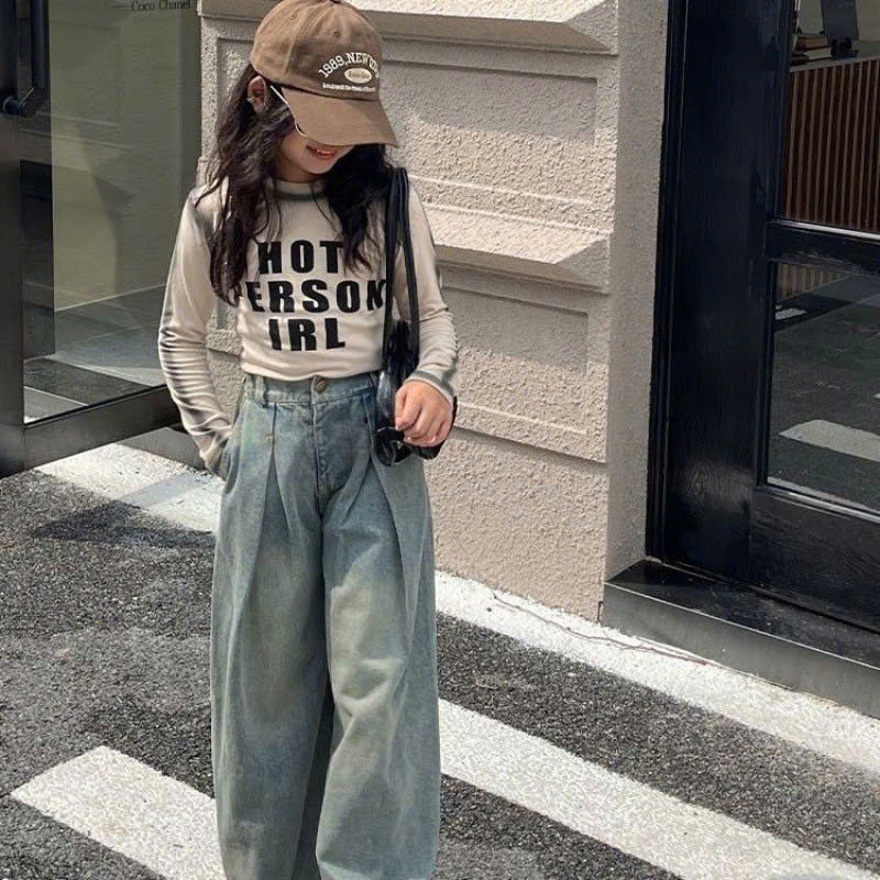 JEANBECO กางเกงขากระบอกใหญ่ กางเกงยีนส์ขากระบอกขากว้างเอวสูงสําหรับเด็กผู้หญิงมีขนาดตั้งแต่ 13-40kg 