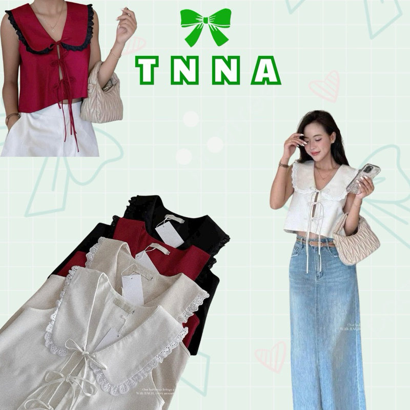 Tna_เสื้อลินินคอลูกไม้ผูกโบว์ที่อก
