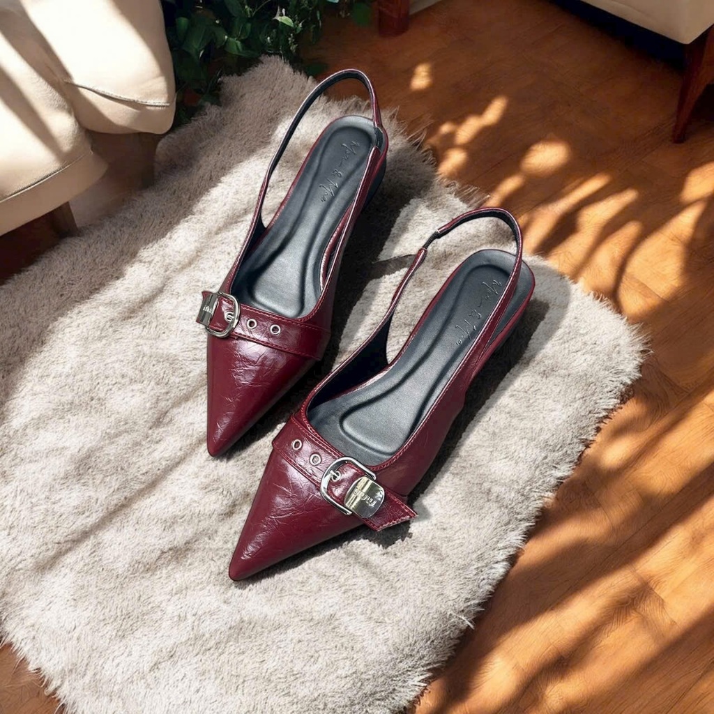 รองเท้าผู้หญิงรองเท้าแตะผู้หญิงที่มีนิ้วเท้าชี้และปุ่มที่สวยงามหนังเคลือบด้านนุ่มรองเท้าสบายรองเท้าส้นสูง 2พี - รูปที่ 6