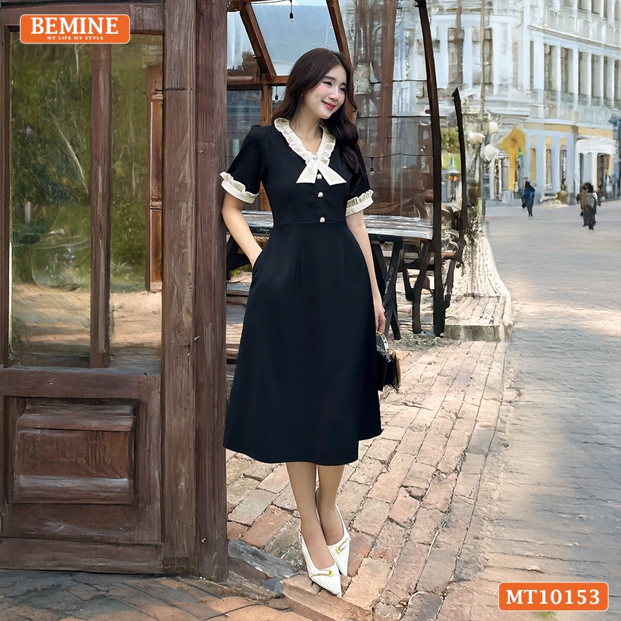 BEMINE เดรสดีไซน์คอระบายทรงเอ เหมาะสําหรับทํางาน-MT103