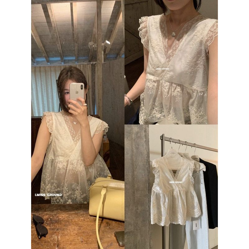 I.MISS GROUNDBabyDoll เสื้อเชิ้ตปักลายปีกนางฟ้าคอวีเสื้อไปทะเลสองชิ้นดีไซน์ป้าย Imiss 70656