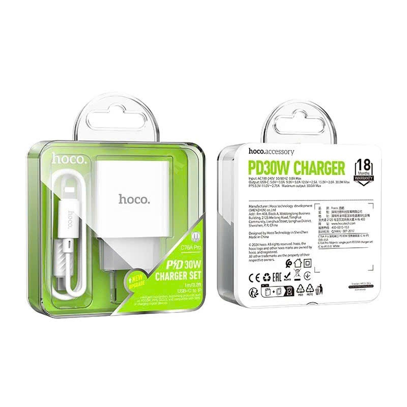 Hoco Genuine Round Pin PD30W Fast Charger, Type-C to L Head, For IP 7 - ถึง 14Pro,Plus,Promax..