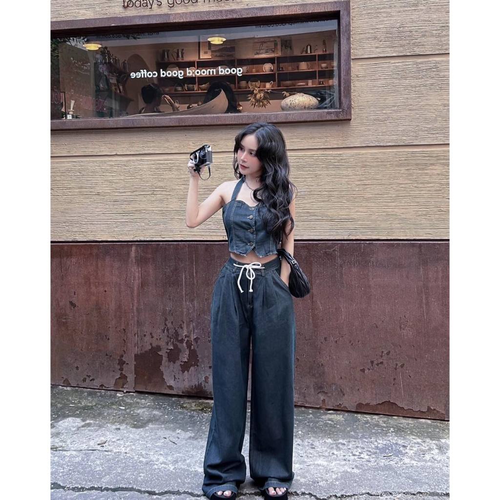 ⋆.  ̊ JEAN COLLAR SHIRT + CREAM STRAP SUNSET SET SP019056 โรงกลั่น