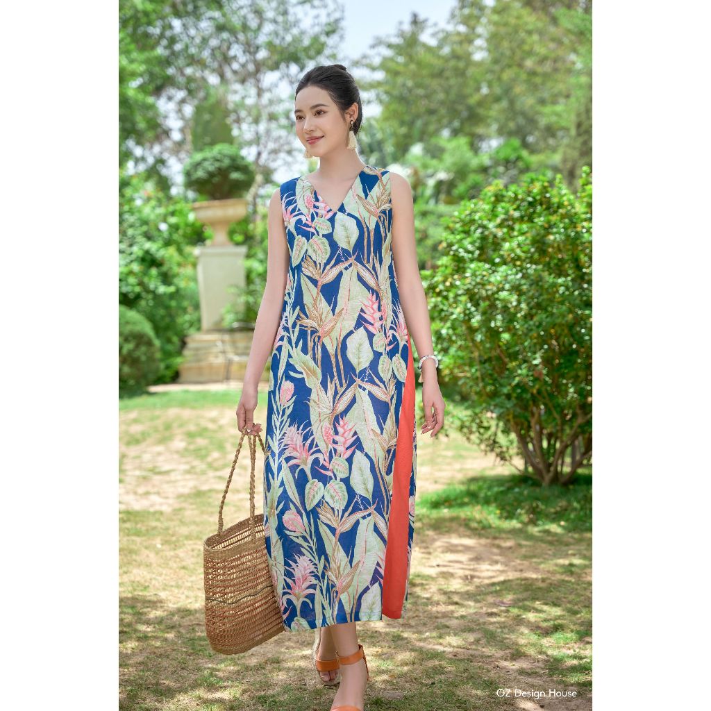 OZ Design House เดรสแขนกุดผู้หญิง DA08083RST25 เสื้อคอเต่าผ้าลินินพิมพ์ลายดอกไม้และสีส้มผสม