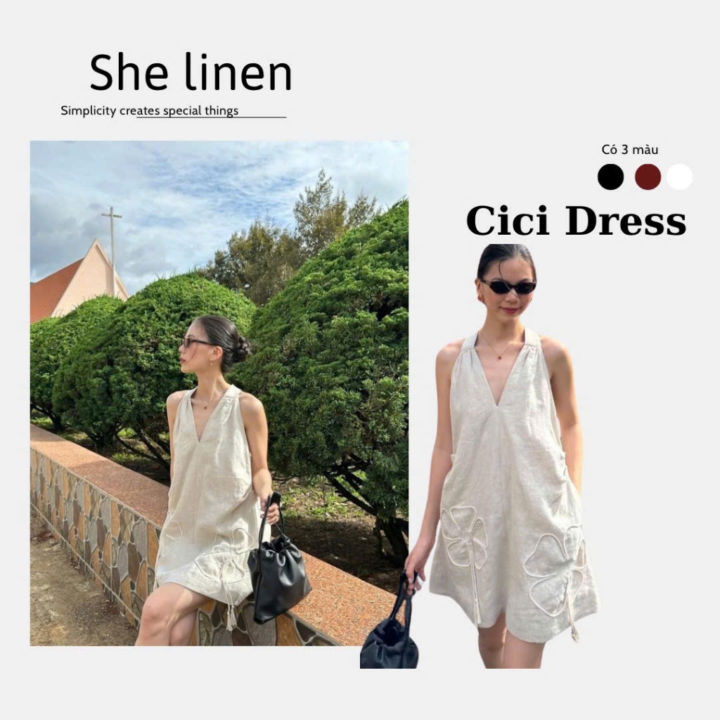 CICI DRESS- เดรสแขนกุดผ้าลินิน V Neck Straight DRESS
