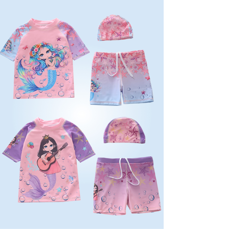 ชุดว่ายน้ําสําหรับเด็กผู้หญิงเสื้อผ้าชายหาดสาวบิกินี่ด้านบนกางเกงขาสั้นลายนางเงือกพร้อมหมวกว่ายน้ํา 