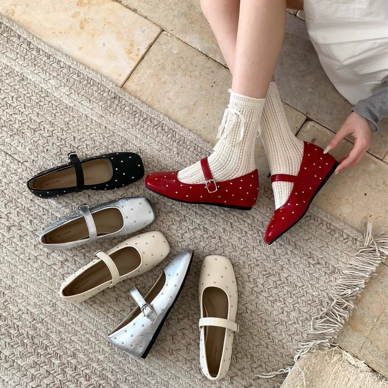 MaryJane Square Toe Studded Wedge Sole Shoes