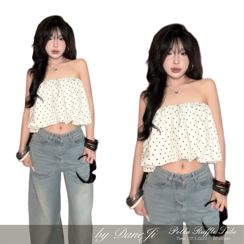 [ POLKA RUFFLE TUBE ] - DANENJI POLKA dot babydoll เสื้อเกาะอก ทรงครอปแบบกําหนดเอง พองยางยืด