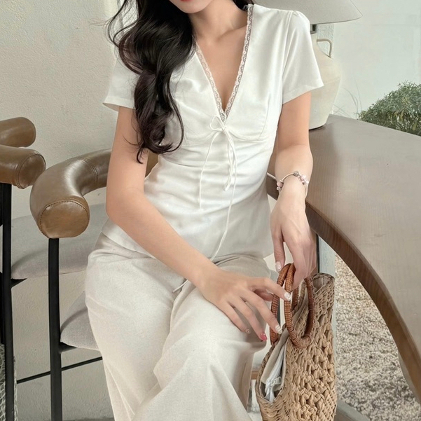 เสื้อเชิ้ตผ้าลินินคอวีสวยเข้ารูปตัดขอบลูกไม้ฤดูร้อนสไตล์เกาหลี ม217