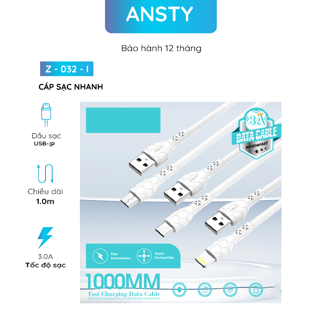 สายชาร์จเร็ว Ansty Z - 032 - I Usb To lp 3.0a / Z - 032 - T Usb To C 3.0a / Z - 032 - Usb To M 3.0a 