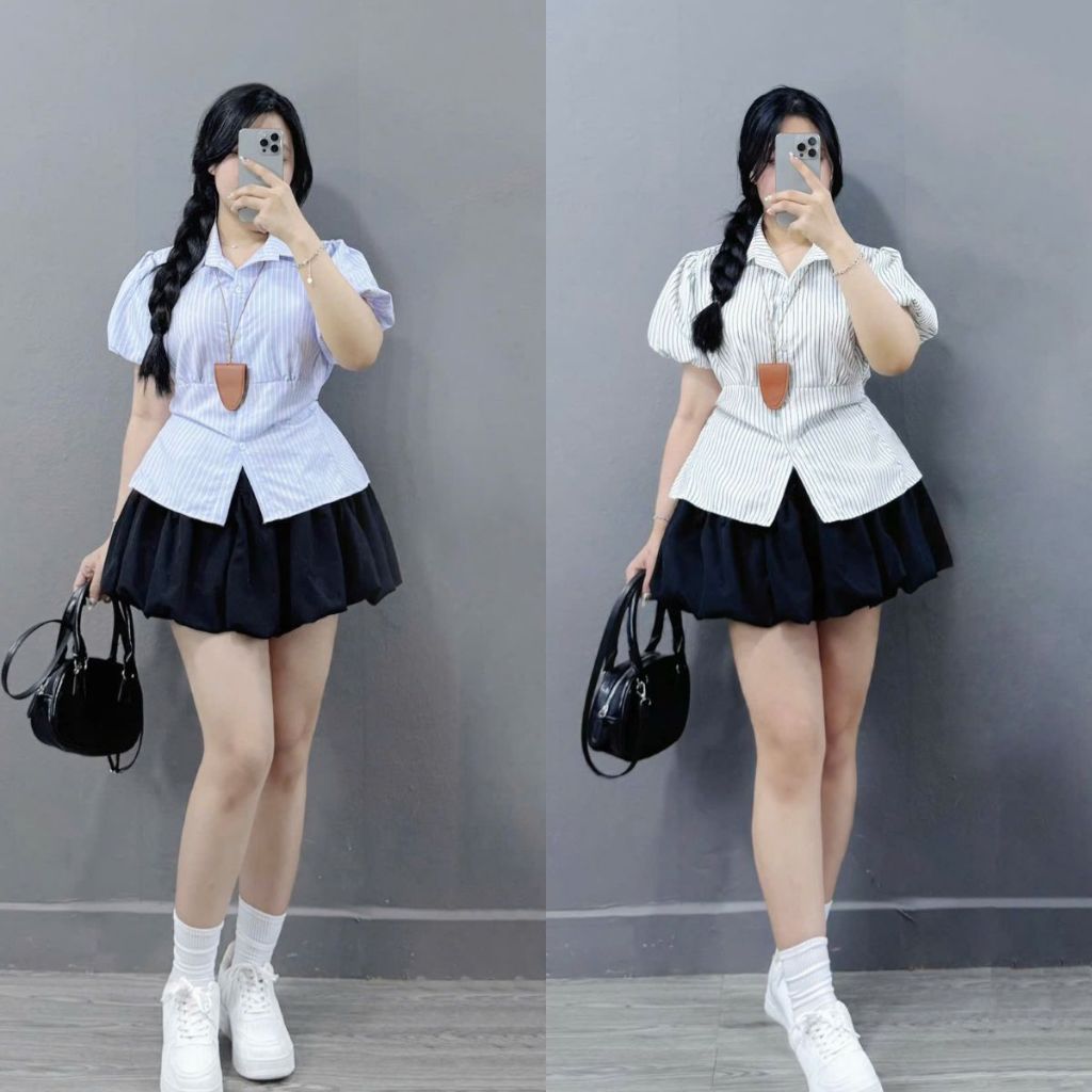 ชุดเซทเลดี้ไซส์ใหญ่เสื้อแขนพองพร้อมกระโปรงฟักทองมีซับในป้องกันการควบแน่นให้หุ่น - SET(SM189+CV413)