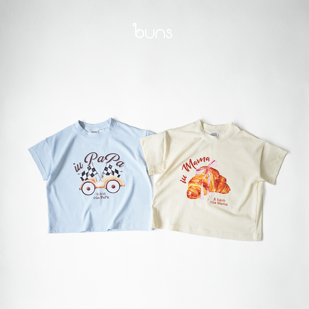 BUNS Iu PaPa Iu MaMa เสื้อยืด 2 สี สีฟ้า/ครีมสําหรับเด็กชายและเด็กหญิง 8 กก. ~ 20 กก.