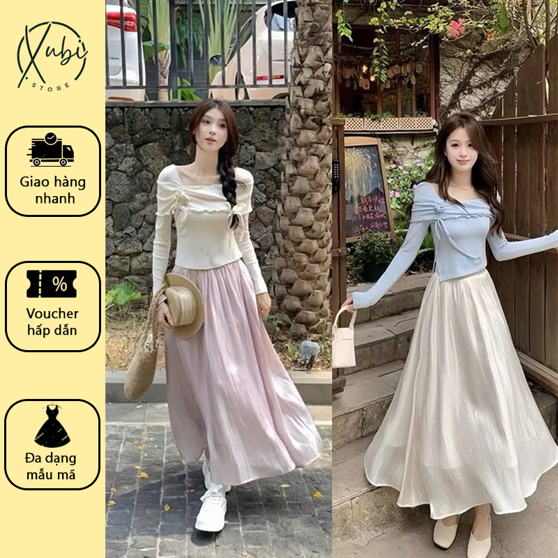 ชุดกระโปรงผู้หญิงเสื้อคอเหลี่ยมลายดอกไม้ผสมกระโปรงยาวเลดี้-Z133